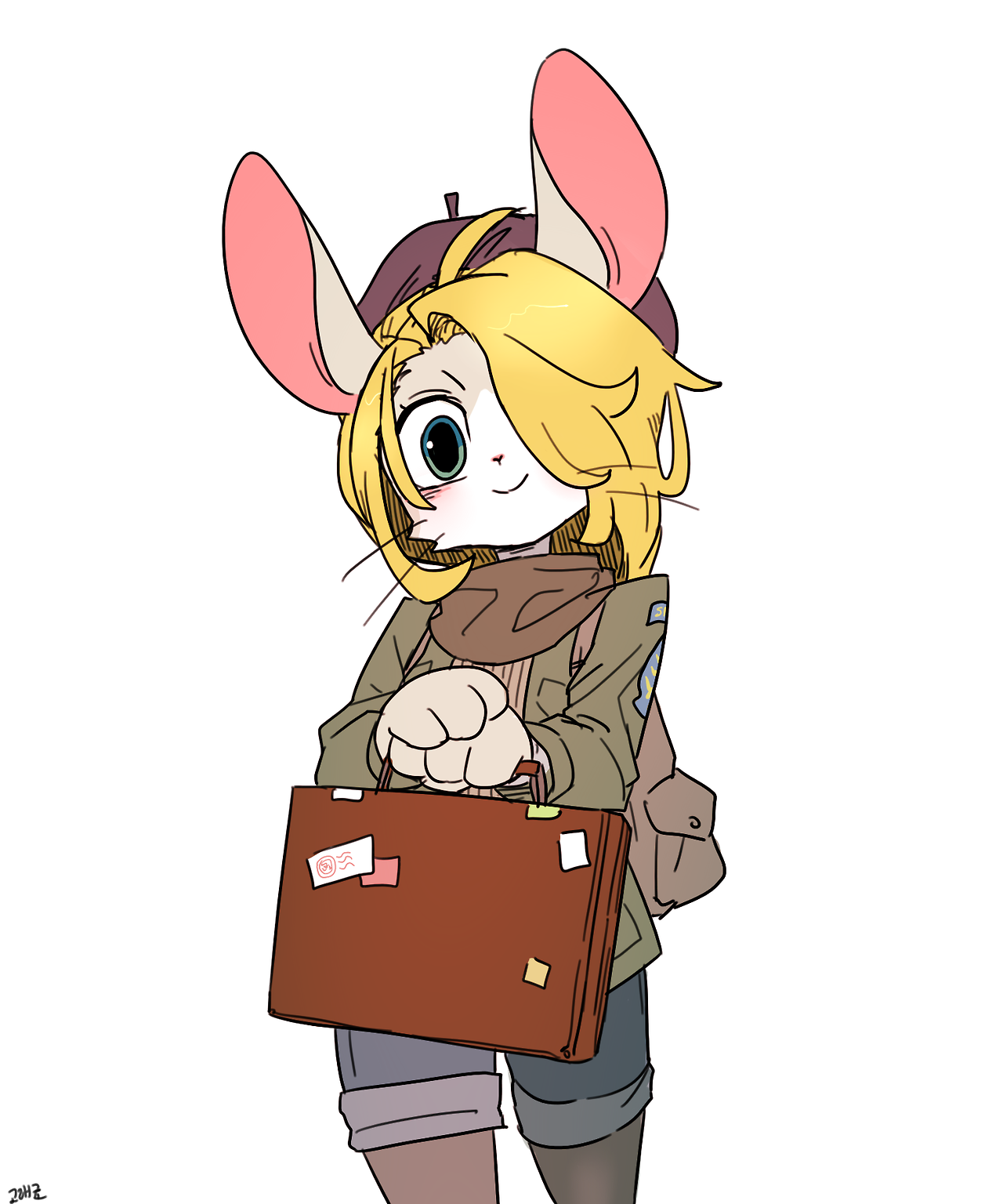 a cartoon rabbit girl with blonde hair, a beret, and a scarf is smiling and carrying a large brown suitcase. she is standing on a white background and has a happy, friendly expression. she is dressed in a brown jacket and pants, and her outfit has several patches and pockets. her long, white bunny ears are pointing upward. she looks like she is about to embark on a new adventure.