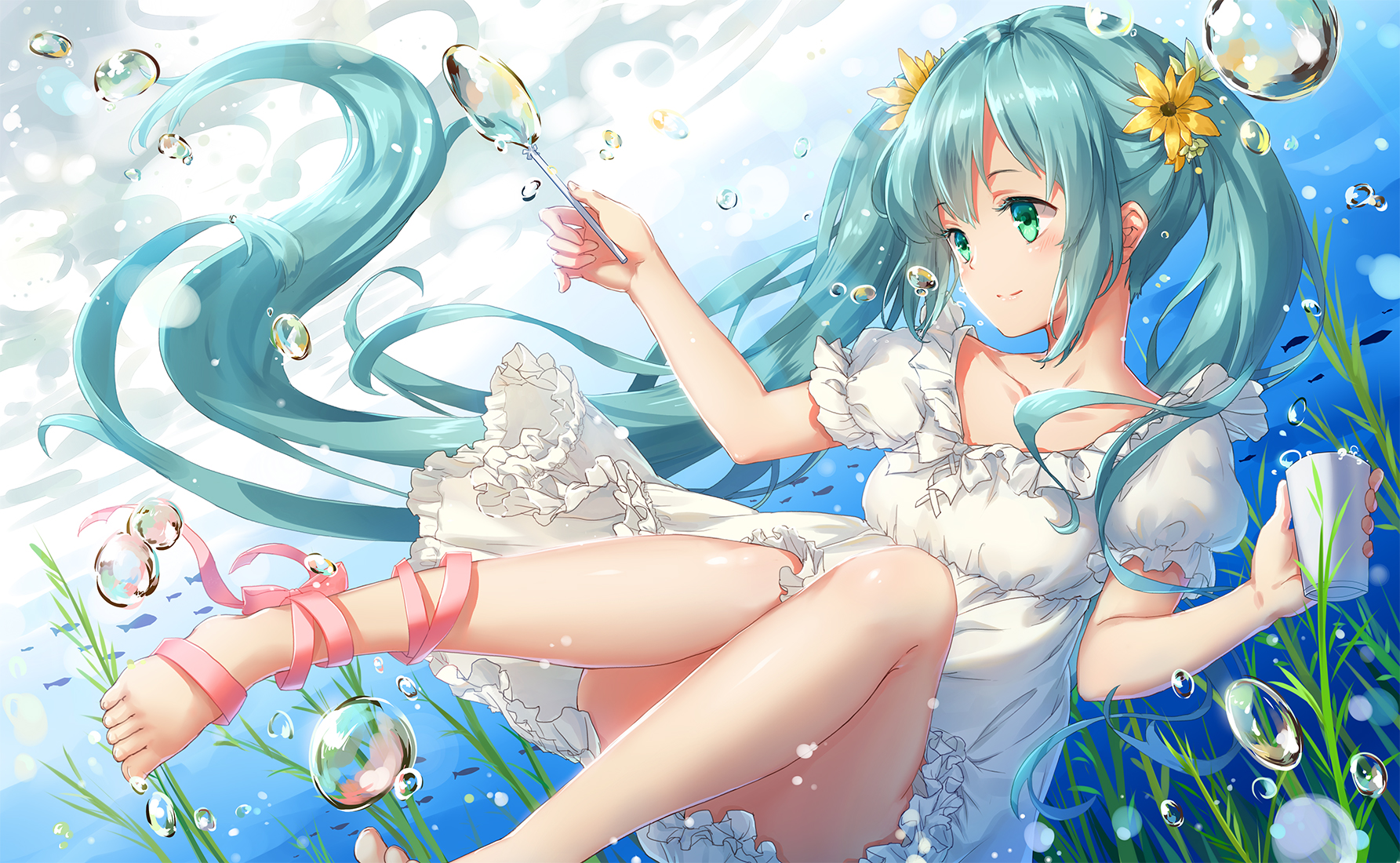 an anime girl with light blue hair styled in pigtails adorned with yellow flowers is sitting underwater surrounded by bubbles. she has green eyes and is smiling. she is wearing a white dress with frills and has pink ribbons wrapped around her leg. she is holding a cup in one hand and a spoon in the other. the background shows underwater scenery with grass and small fish.