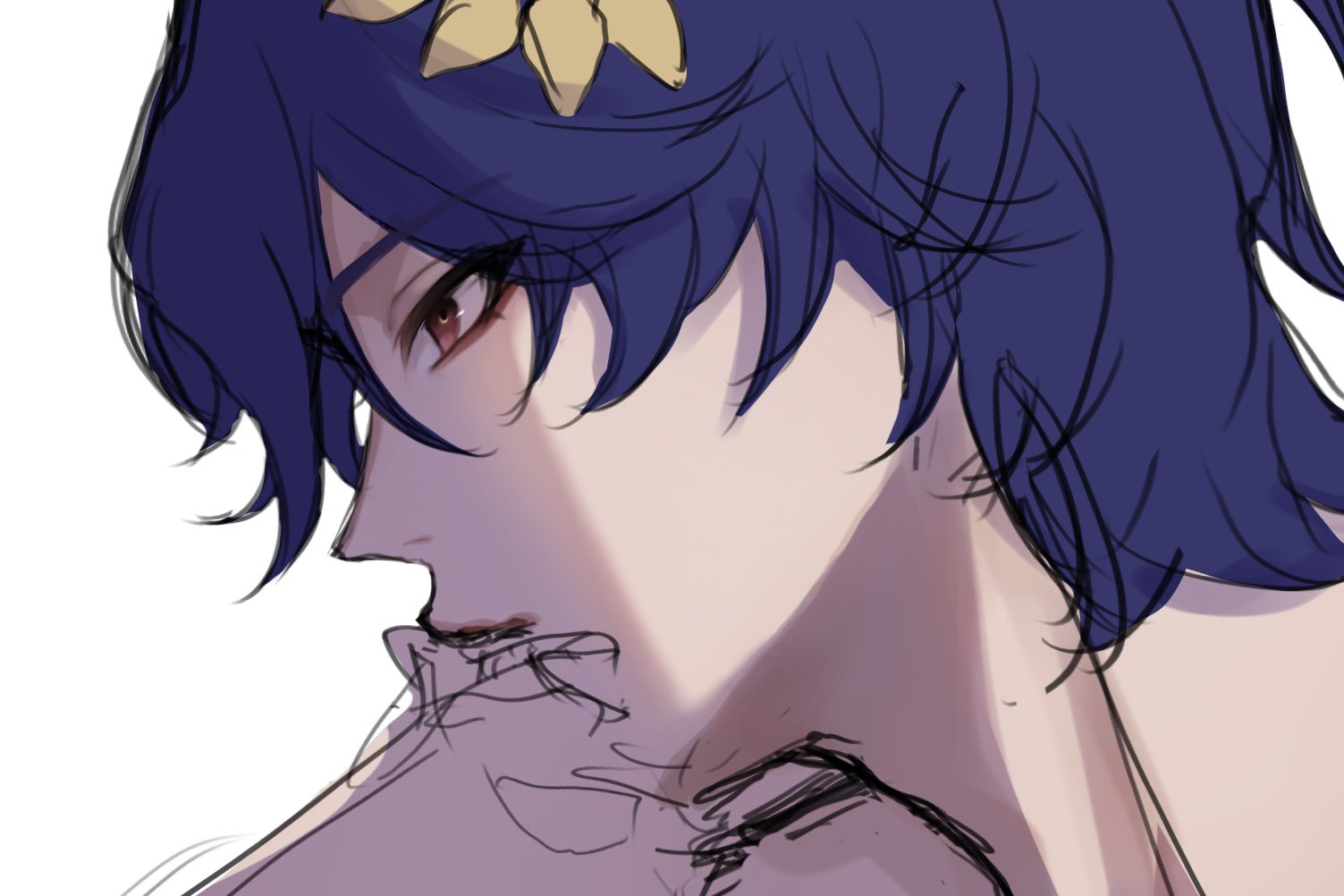an animestyle digital portrait of a male character in side view. the character has dark blue hair adorned with a yellow flower accessory, and red eyes. the artwork is a partially colored sketch with visible shading, focusing on the character's face and upper body. the character appears to be resting their hand on their chin, conveying a thoughtful expression. the image is not fully rendered and some sketch lines are still visible.