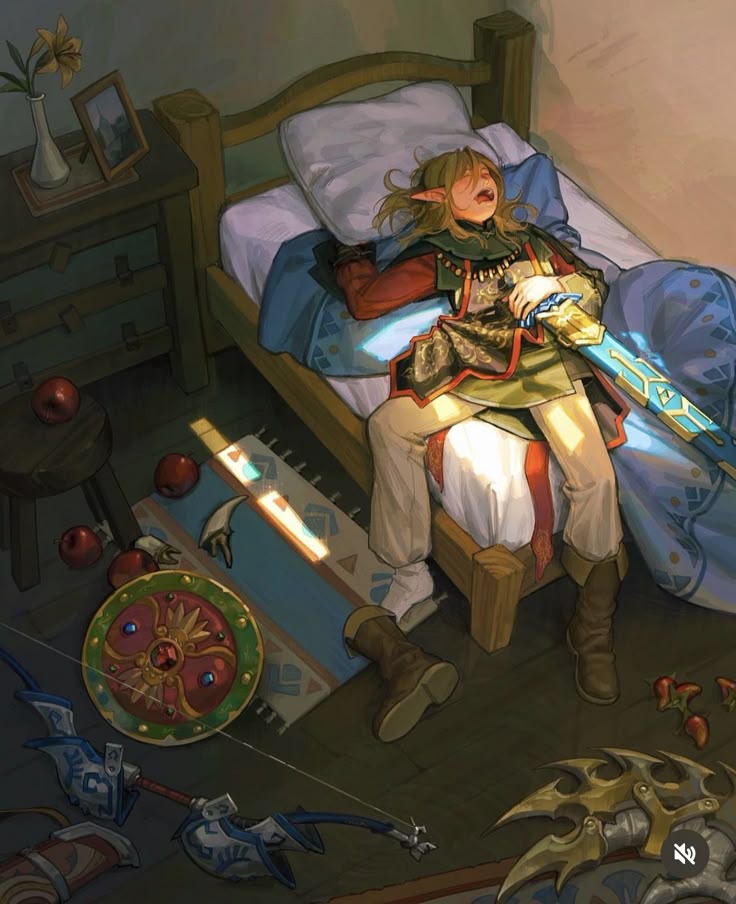 an illustration of link, a character from the video game series "the legend of zelda", asleep in a bedroom. he is lying on a bed with a sword clutched in his hands. a shield, bow, apples, boots, and peppers are scattered on the floor. there is a small table with a vase and picture frame on it.