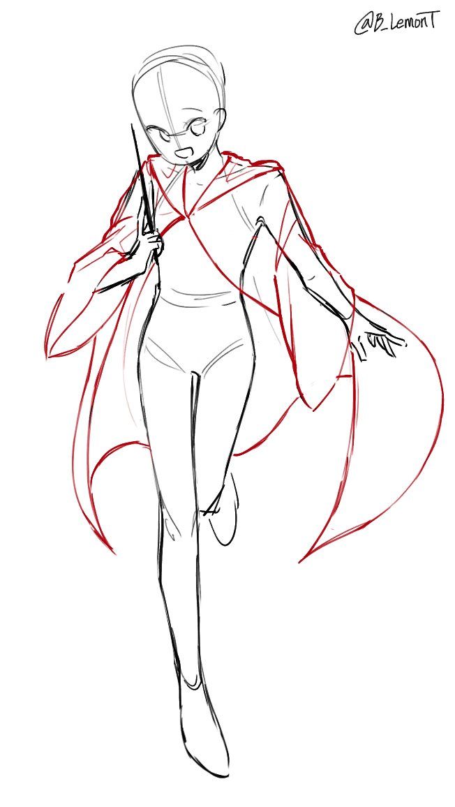 a simple line art drawing of a female character in a flowing cloak or robe, with their hair flowing in the wind. the character is in a dynamic pose, appearing to be walking or running with their arms outstretched. this is likely a drawing reference for artists.