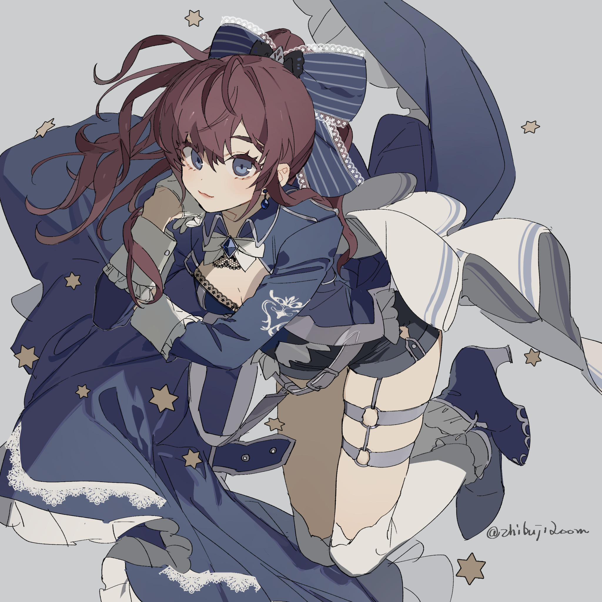 an anime girl with auburn hair and blue eyes is sitting and leaning forward. she is wearing a blue dress and a blue jacket with white lace, thigh high socks, short shorts, a garter belt, and knee high boots. she also has a ribbon in her hair. there are stars around her.