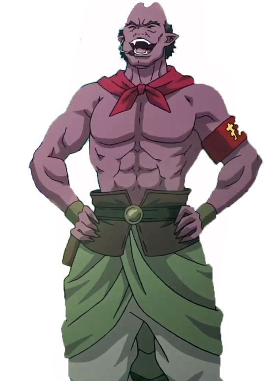 the image shows an anime character, a male warrior with a purple skin, wearing a red scarf and green pants. he is smiling and grinning, looking very confident and powerful. he has a muscular body and is wearing a gold belt with a gold buckle.
