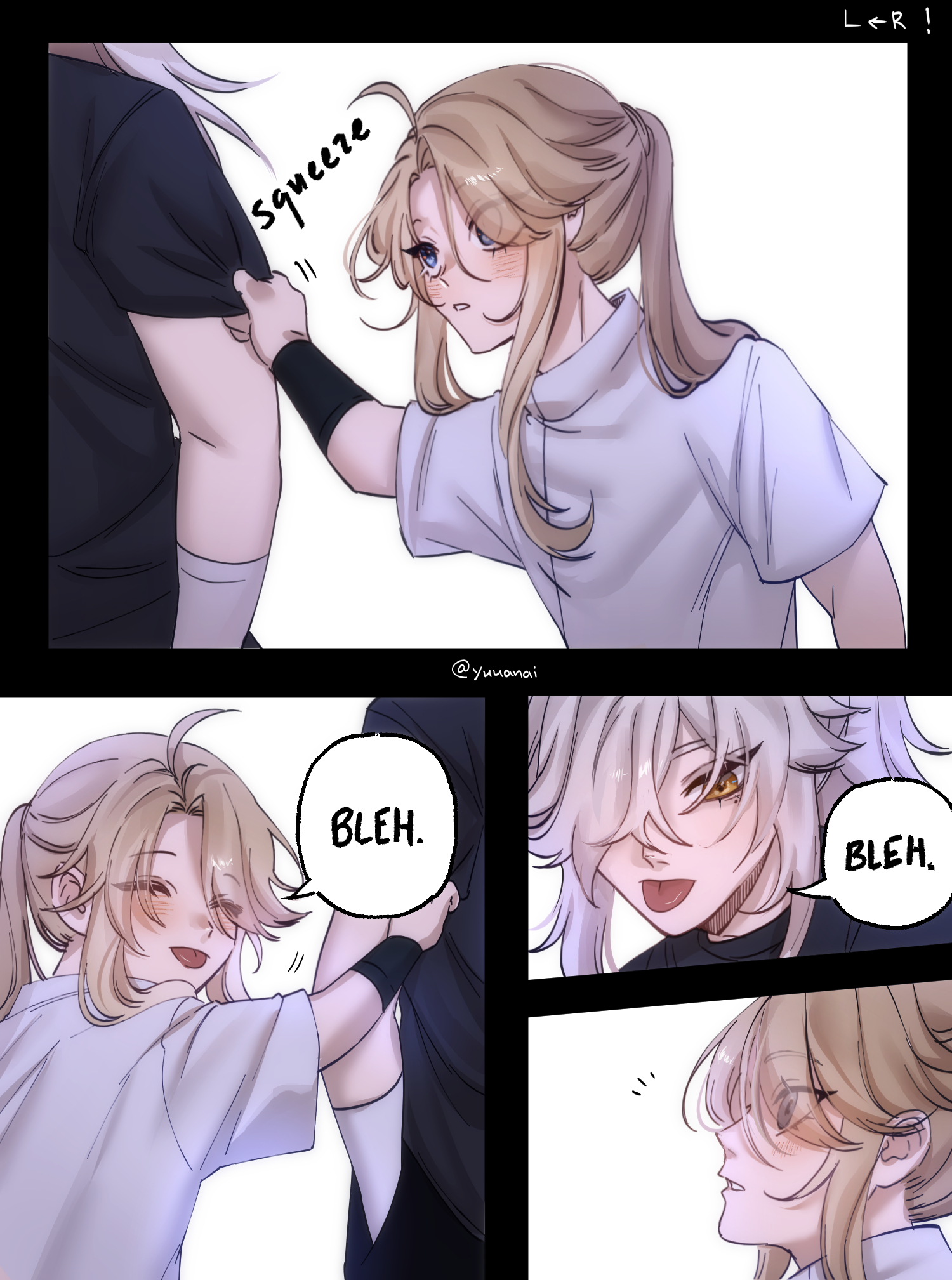 this is a comic strip of two anime girls, showing the first two panels and the last two panels. the first two panels show a blonde girl squeezing the arm of a girl with dark hair. the last two panels show the blonde girl hugging the darkhaired girl while saying "bleh" and smiling. the comic strip is very cute and shows the two girls are friends and having fun.