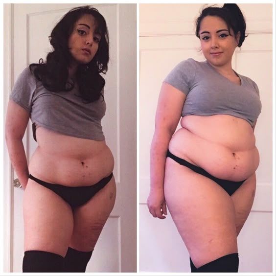 this image is a before and after shot of a woman in underwear and a tshirt. the images show a change in her body over time, likely due to weight loss. she's standing in what appears to be a room with a door in the background. she is wearing black socks. the image portrays the body positive movement and shows a transformation in the woman's appearance.