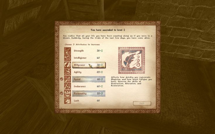 this is a screenshot from a video game showing a character creation or level up menu. the game has a medieval fantasy setting and the player is being shown a screen with a list of stats that have increased from their level up. the screen also includes a description of the effects of the different stats on the character.