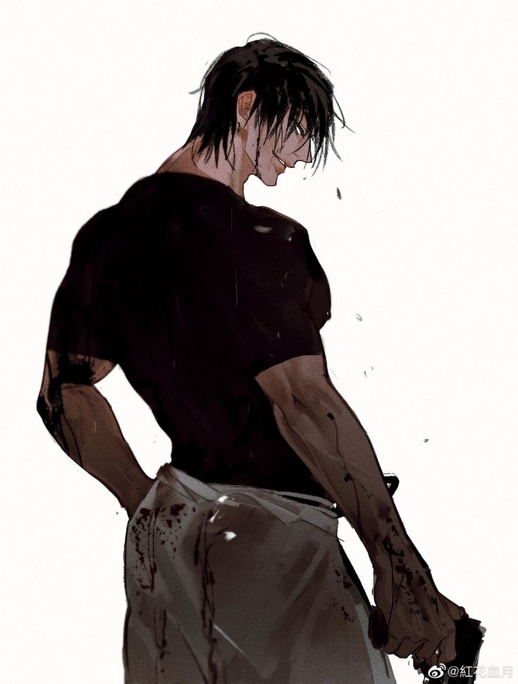 the image is a digital painting or illustration in a style reminiscent of anime and manga. it depicts a muscular, darkhaired man from the back and side, viewed from a slightly low angle.  he is wearing a darkcolored, shortsleeved shirt and lightcolored pants or apron that are heavily stained with blood. his hands are bloodied, and he seems to be holding a weapon, possibly a knife. the overall mood is dark, intense, and suggestive of violence or a recent struggle. the background is plain white, drawing focus to the character and his details. the style is realistic in its depiction of anatomy and texture, yet retains stylized elements common in anime and manga artwork.  the artist’s signature is visible in the bottom right corner.