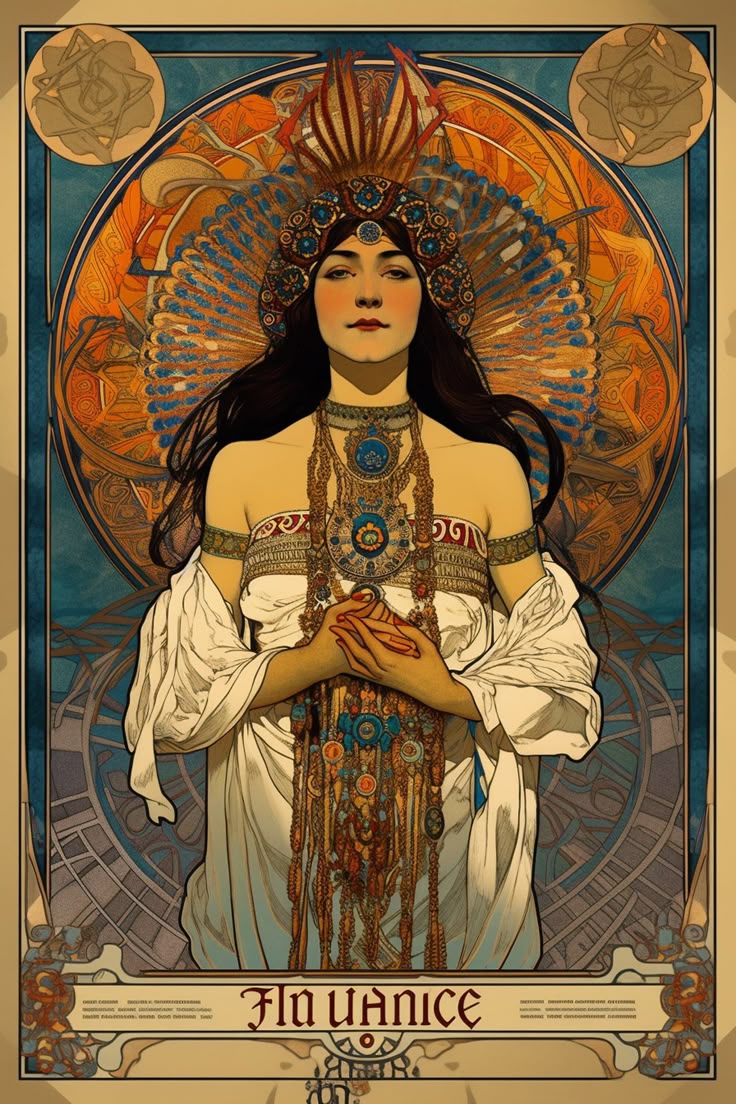 the image is a stylized art nouveau illustration of a woman. she has dark hair and is adorned with a headdress and elaborate jewelry, including a necklace and beaded strands. she is wearing a white dress and her hands are clasped together. the background features a decorative circular design in orange and blue tones. the image is framed with intricate patterns, and text at the bottom reads "fla uanice."