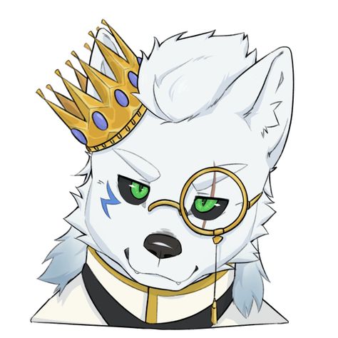 the image is a headshot of a white wolf furry wearing a gold crown with blue jewels and a monocle. the furry is wearing a white top with gold trim. the style is cartoon.