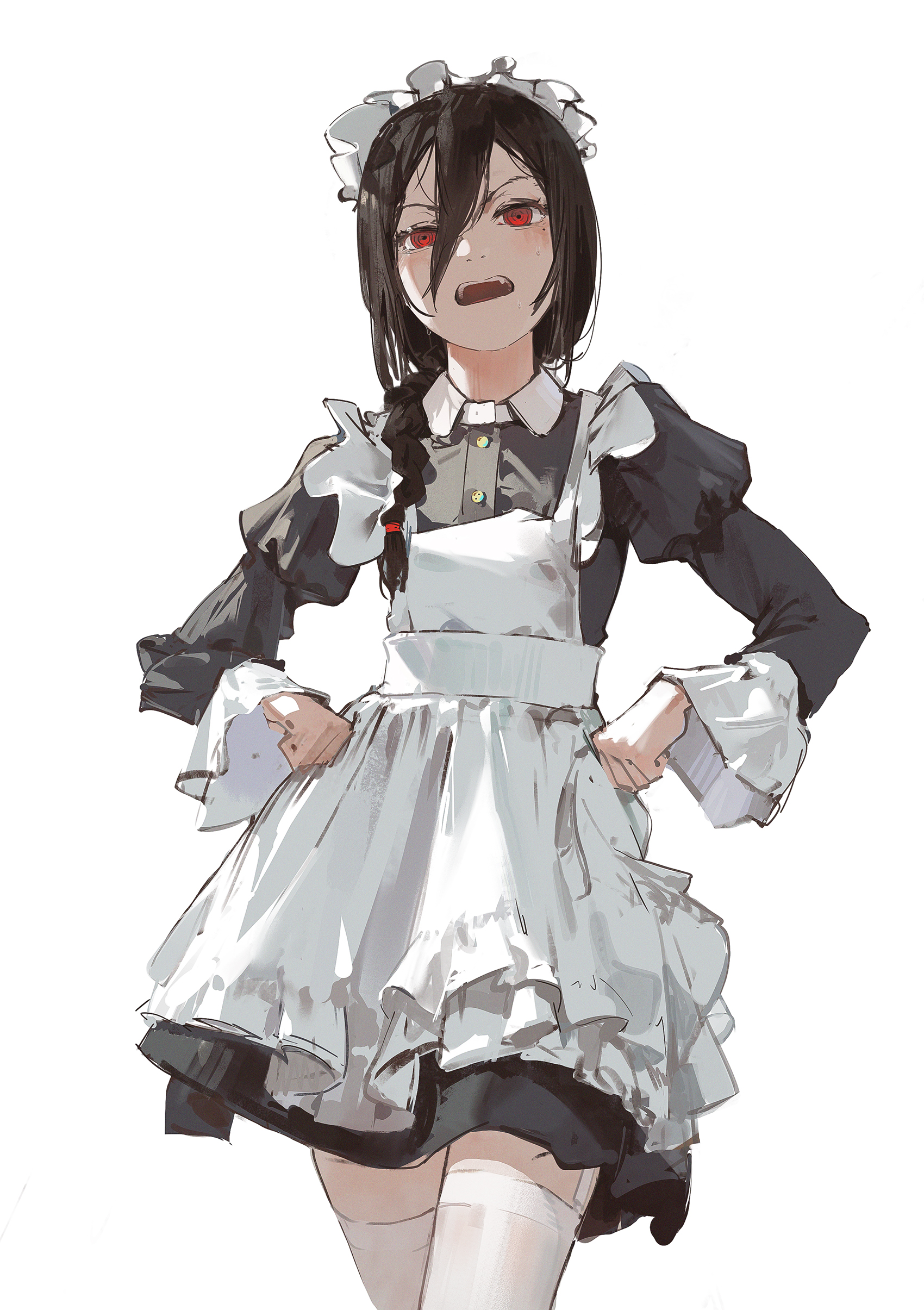 an anime girl with red eyes and black hair is wearing a maid dress, looking angry and frustrated. her arms are akimbo, and her face is scrunched up. the background is plain white.