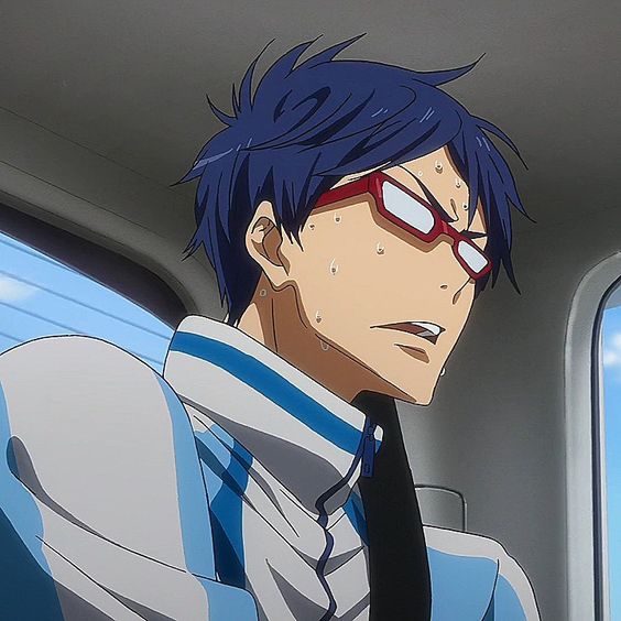 an anime character with blue hair and red glasses with a nervous expression on his face. he is sweating and looking to the right side. he appears to be sitting in a vehicle.