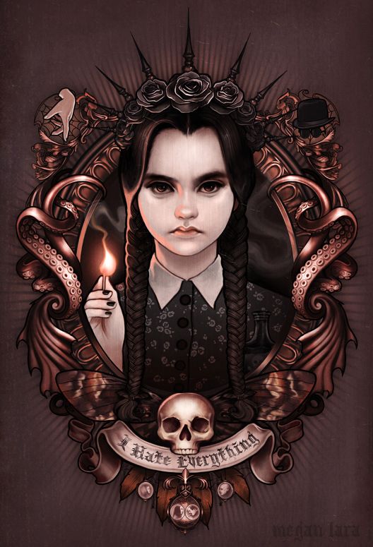 a gothicstyle portrait illustration of wednesday addams. she's framed by an ornate border featuring tentacles, roses, and other macabre elements like a skull and moth. she is holding a lit match. she is wearing a crown of roses and sharp spikes. a banner below displays the phrase "i hate everything". the artwork has a muted, dark color palette with intricate details.