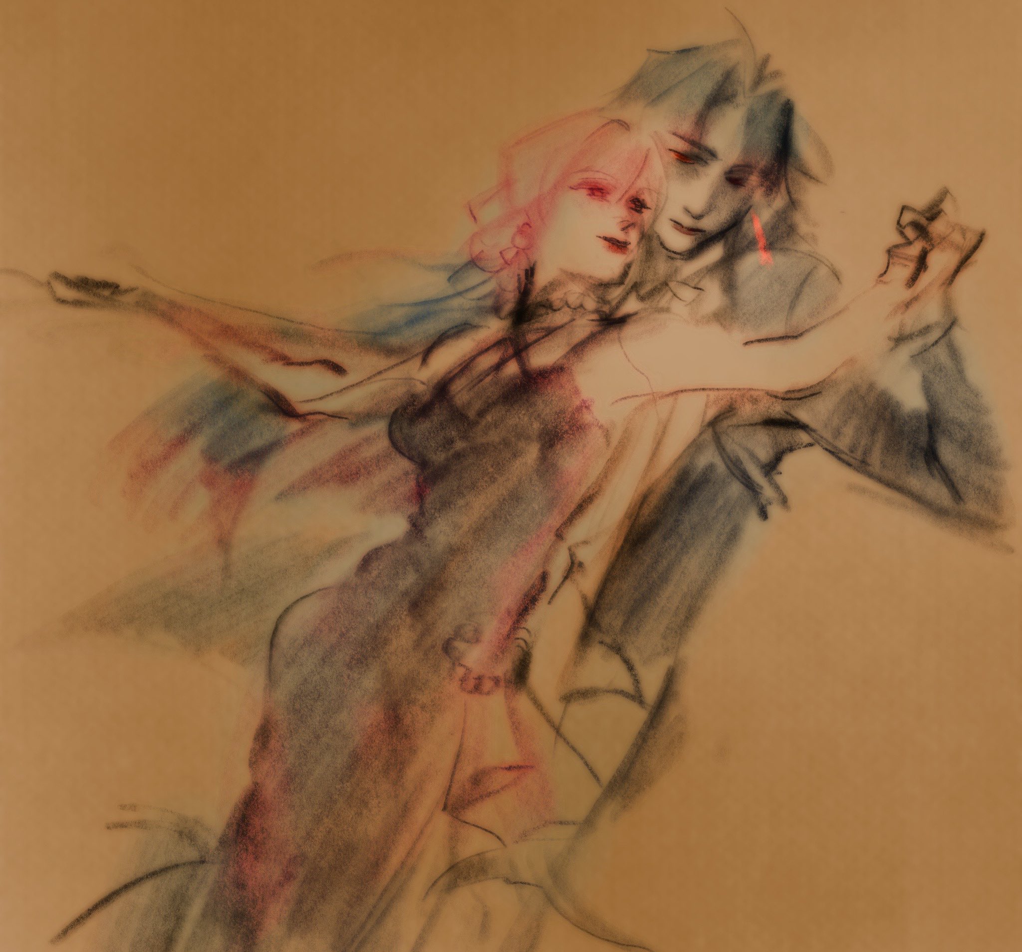 this is a charcoal drawing of a couple dancing. the woman is in a flowing gown and the man is in a suit.