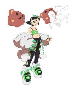 this is a character design concept art on a white background. the character is a girl with black hair and green eyes, who is wearing a green crop top, black leggings, green and white sneakers, and a white jacket with bearshaped puffy sleeves. she's also wearing a pair of green sunglasses on top of her head. two brown bear heads, one on each side of the character's head, seem to float behind her. on the right side of the image, there's a light sketch of a robotic bear structure.
