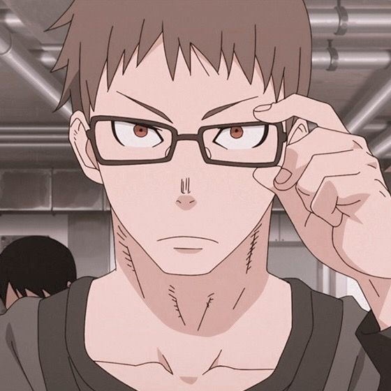 a closeup portrait of an anime boy with brown hair and glasses. he is looking at the viewer with a serious expression and his hand is placed on the side of his glasses. the background is blurry and features a building with metal pipes. the artwork is done in a digital style with smooth lines and soft colors. the overall tone of the image is dark and serious, with a focus on the boy's expression and his intense gaze.
