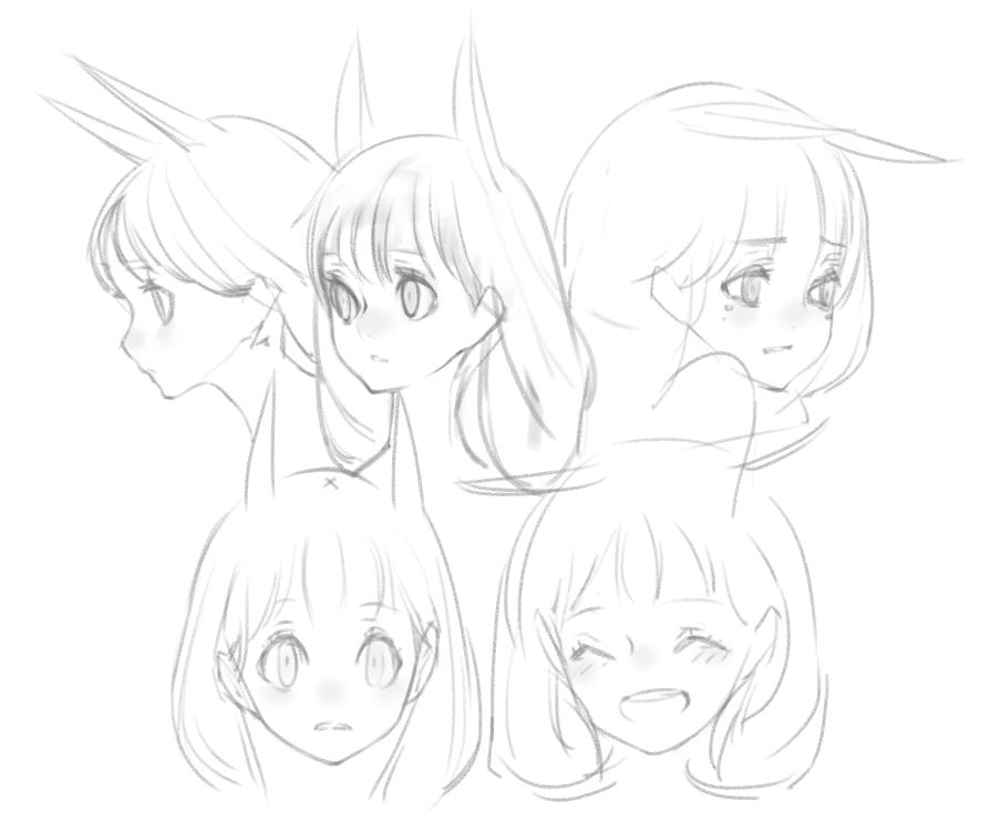 the image is a black and white sketch of five different anime girl faces. each girl has long hair and rabbitlike ears. they display different expressions, ranging from curious to happy. the style is soft and suggestive, typical of anime and manga art.