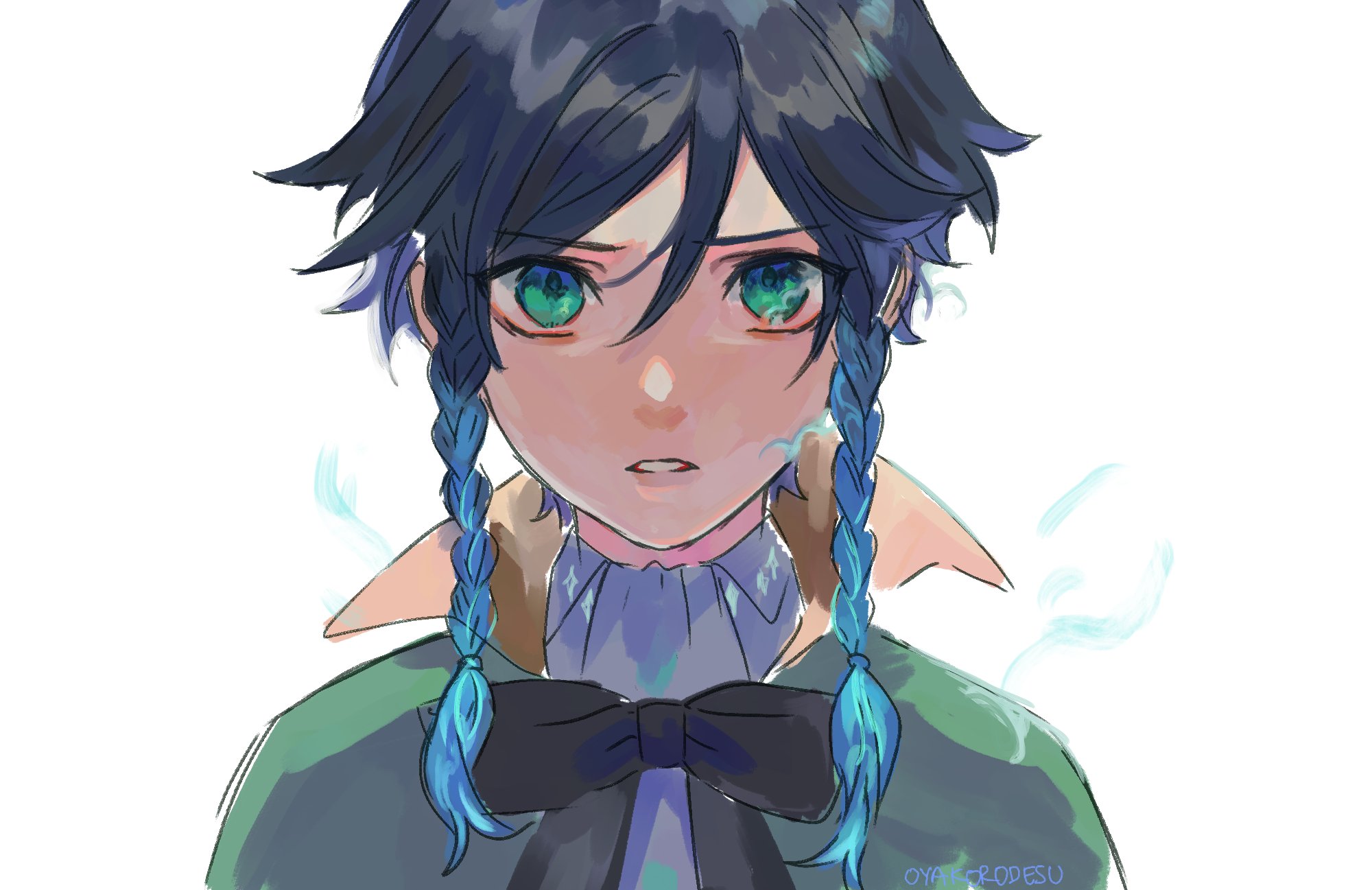 this is an illustration of an anime girl with blue braids, blue eyes, and green clothes. the background is a white background, and the girl has a sad expression on her face. the art is stylized and features lots of  blues, greens, and whites.