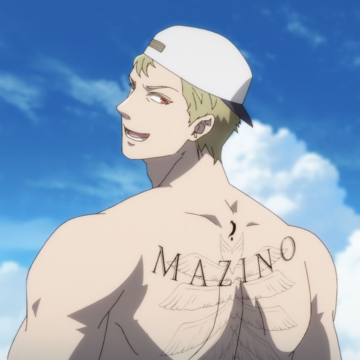 an anime character with blond hair and a white hat is smiling as he looks over his shoulder. he is shirtless, and we can see a large tattoo on his back that reads "mazlno".  there are white clouds in the sky behind him.