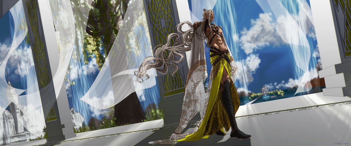 the image is a digital painting or artwork depicting a male anime character with long, flowing white hair, dressed in elaborate, ornate clothing primarily in shades of yellow and white.  he stands in a fantastical architectural setting with tall columns, large windows revealing a scenic view of water, trees, sky, and clouds, and sheer curtains that billow softly. the overall style is elegant and ethereal, conveying a sense of serenity and mystery. the character's pose and the architectural details are highly stylized and detailed, indicative of a fantasy or magical setting. the lighting and colors emphasize a peaceful, almost dreamlike atmosphere.