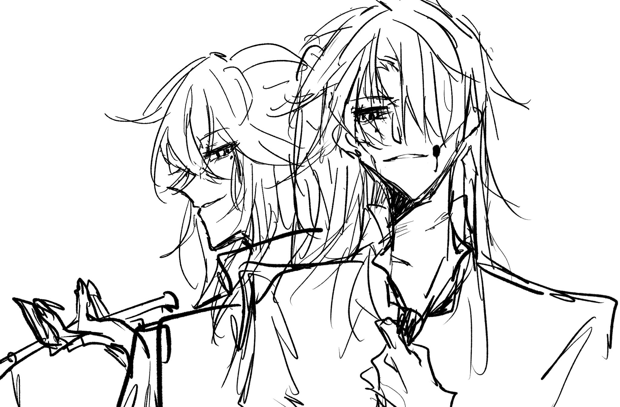 a black and white drawing of two animestyled people. they are both young, with long hair and large eyes. the person on the left is holding something in their hand, while the person on the right is looking down. both appear sad and lonely, as if something painful has happened. the drawing is done in a sketchy style and appears to be an unfinished sketch. the drawing is a beautiful example of the art of anime and manga and is likely a representation of the painful feelings of heartbreak and loss.