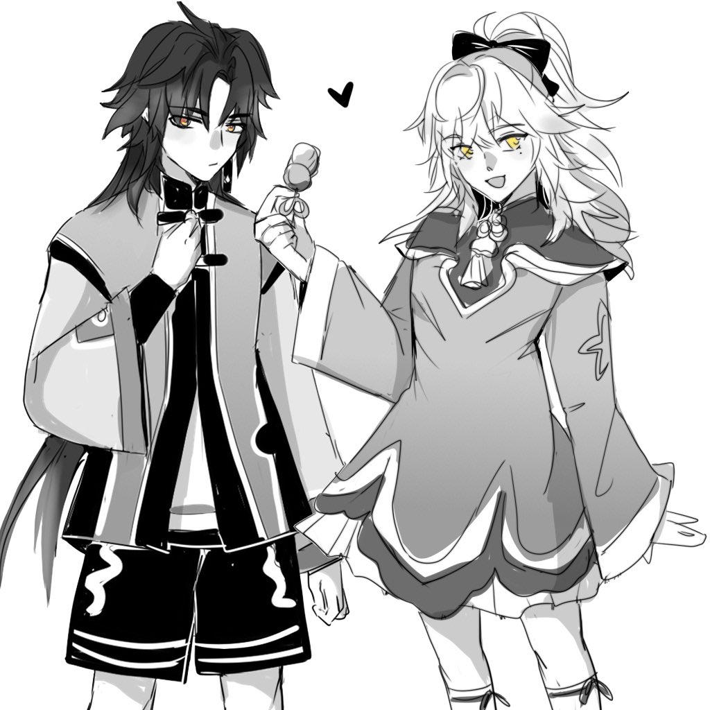 a black and white drawing of an anime couple. the boy has black hair and is wearing traditional chinese clothing, while the girl has white hair and is wearing a dress. the boy is holding a flower and the girl is smiling. there is a heart drawn above their heads.
