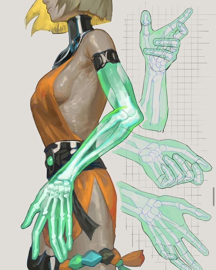 the image is a digital painting showcasing a female character design. the character has bright yellow hair, orange clothing, and striking teal translucent arms that reveal an underlying skeletal structure.  multiple hand poses are also shown in a translucent skeletal view, which serve as a clear guide to the artist's hand anatomy studies.  the background includes a grid, suggesting a work in progress or a study in character and anatomy. the style blends elements of fantasy and scifi, with a clean, dynamic aesthetic that is reminiscent of anime or manga.