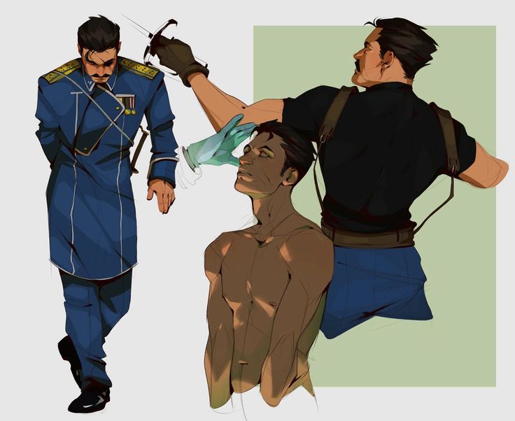 the image is a digital illustration of two men. the man on the left is wearing a blue military uniform with a white shirt underneath. he has black hair and a mustache. he is looking down at the ground. the man on the right is shirtless with black hair and a mustache. he is looking up at the man on the left. he is wearing blue pants and a leather strap. the man on the left is holding a scalpel and is about to use it on the man on the right. the illustration is done in a style similar to anime or manga. the colors used are mostly blue, black, and white. the background is a light green.