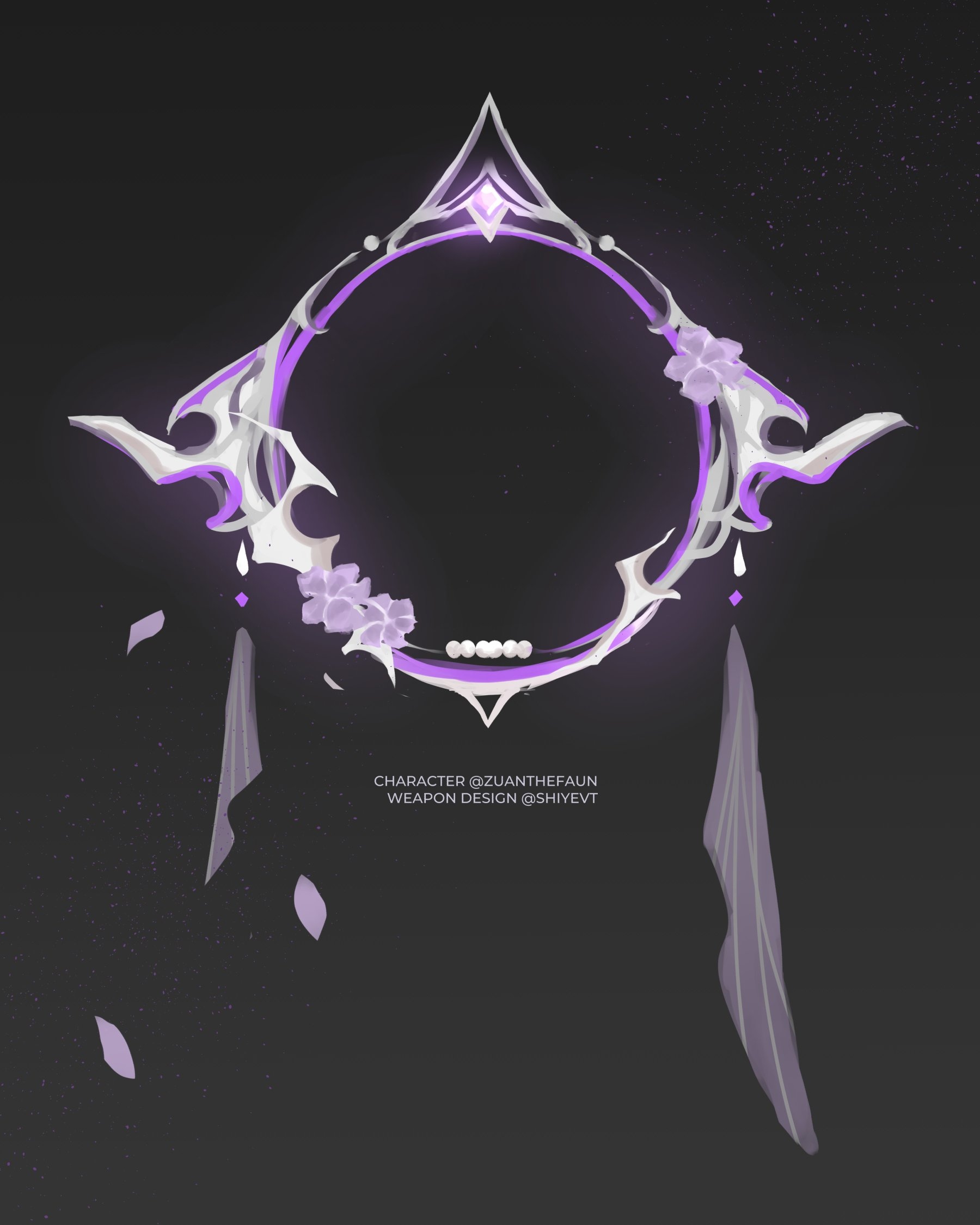 a digitally painted illustration of a circular frame weapon. it's ethereal with flowers on the left and right side.  the frame is glowing with a purple hue. ribbons are draping on both sides of the bottom of the frame.