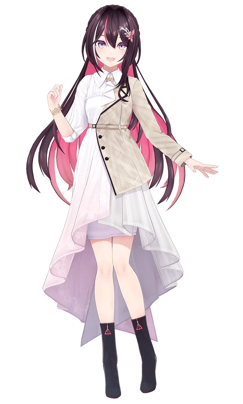 a single female anime character with long black hair that fades to pink at the tips is depicted in a standing pose against a transparent background. she is wearing a stylish white and beige dress with a highlow hemline, black stockings, and black boots. her outfit features a mix of textures and patterns, including ruffles, pleats, and a checkered design. she is also wearing a white collar with a black ribbon. the character has vibrant purple eyes and is smiling brightly, conveying a cheerful and energetic personality. the overall style of the image is typical of japanese anime and virtual youtubers (vtubers), with a focus on cute and appealing character design. the studio lighting emphasizes the details and colors of her attire and features.