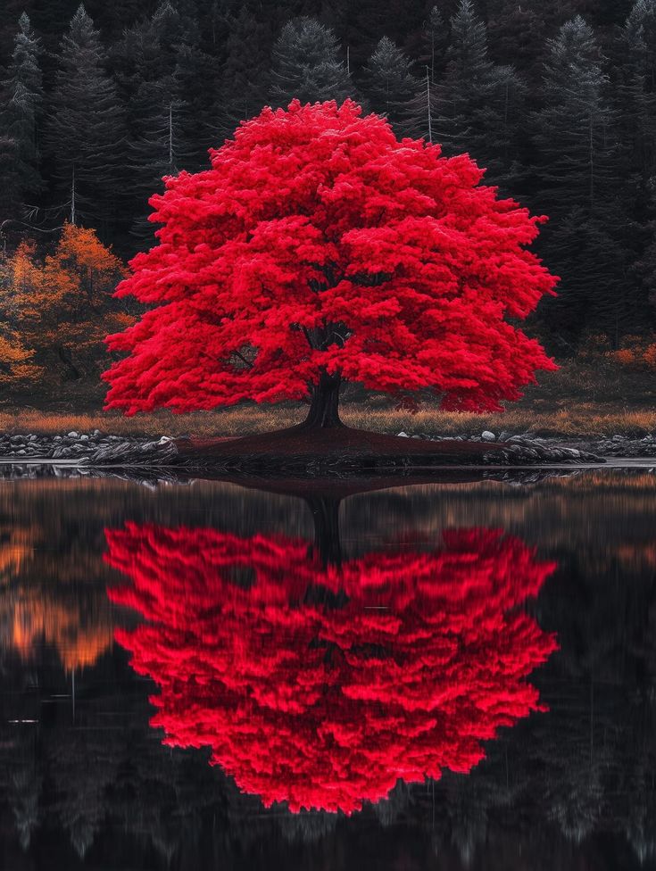 the image showcases a solitary tree with vibrant red foliage reflected in the calm waters of a lake. the surrounding forest is dark, creating a stark contrast that emphasizes the tree's fiery hue. the scene evokes a sense of tranquility and the beauty of the autumn season.