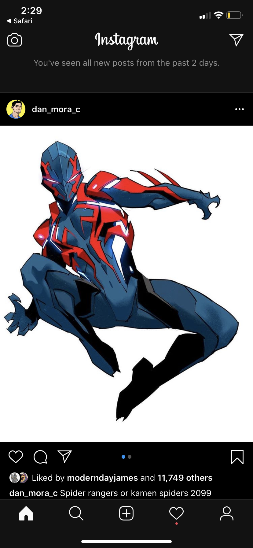 a digital drawing of spiderman 2099 against a white background. he is depicted in midair, posed dynamically with his left arm outstretched and right hand ready to shoot a web. his costume features a predominantly blue and red color scheme. the artist, dan mora, is credited below the artwork.