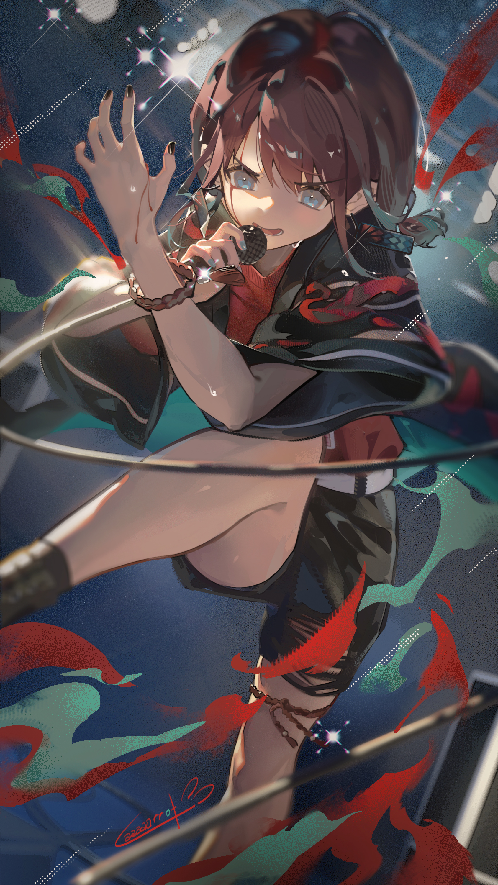 the image showcases a dynamic animestyle illustration of a young woman passionately singing into a microphone. she's positioned in a vibrant, abstract setting suggesting a stage or concert environment. her attire is a mix of black, red, and teal, complementing the color scheme of the background.  the artist uses dynamic lines, light effects, and motion blur to create a sense of energy and movement, emphasizing the intensity of her performance. the overall style is expressive and captivating, leaning towards a digital painting style with elements reminiscent of manga.