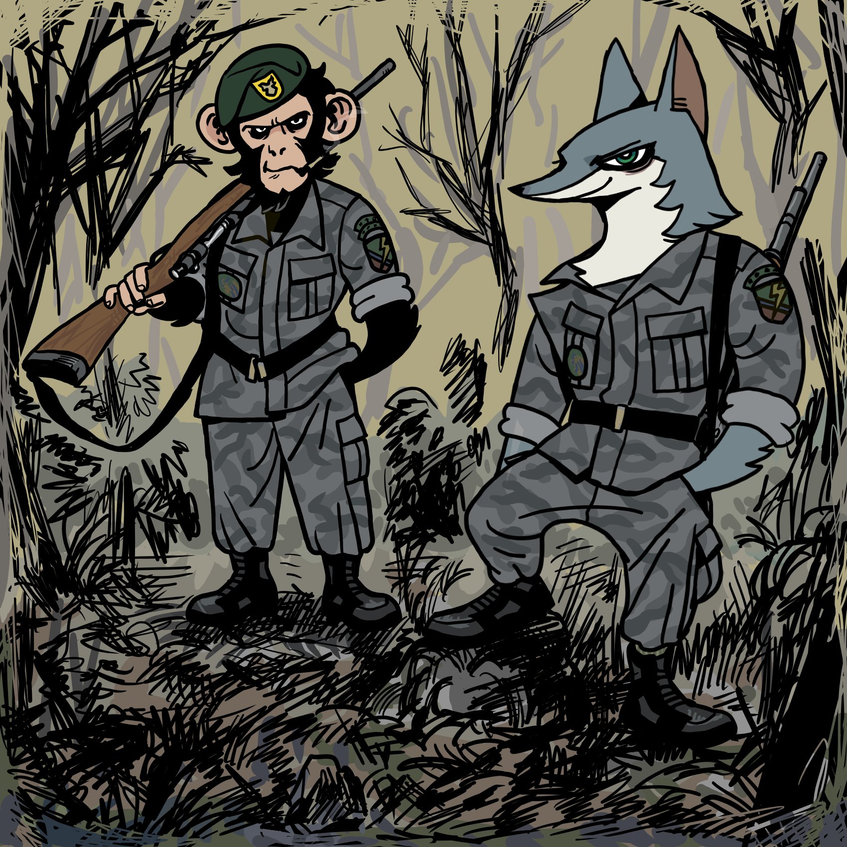 a cartoon illustration of a monkey and a wolf dressed as soldiers, standing in a jungle. the monkey holds a rifle and the wolf looks to the left. they are both wearing camouflage uniforms and carrying weapons. the background is a dense jungle with trees and brush. the image is drawn in a black and white style.  the monkey is wearing a green beret with a skull on it, and the wolf is wearing a blue beret with a star on it. the image is very detailed and has a sense of humor.