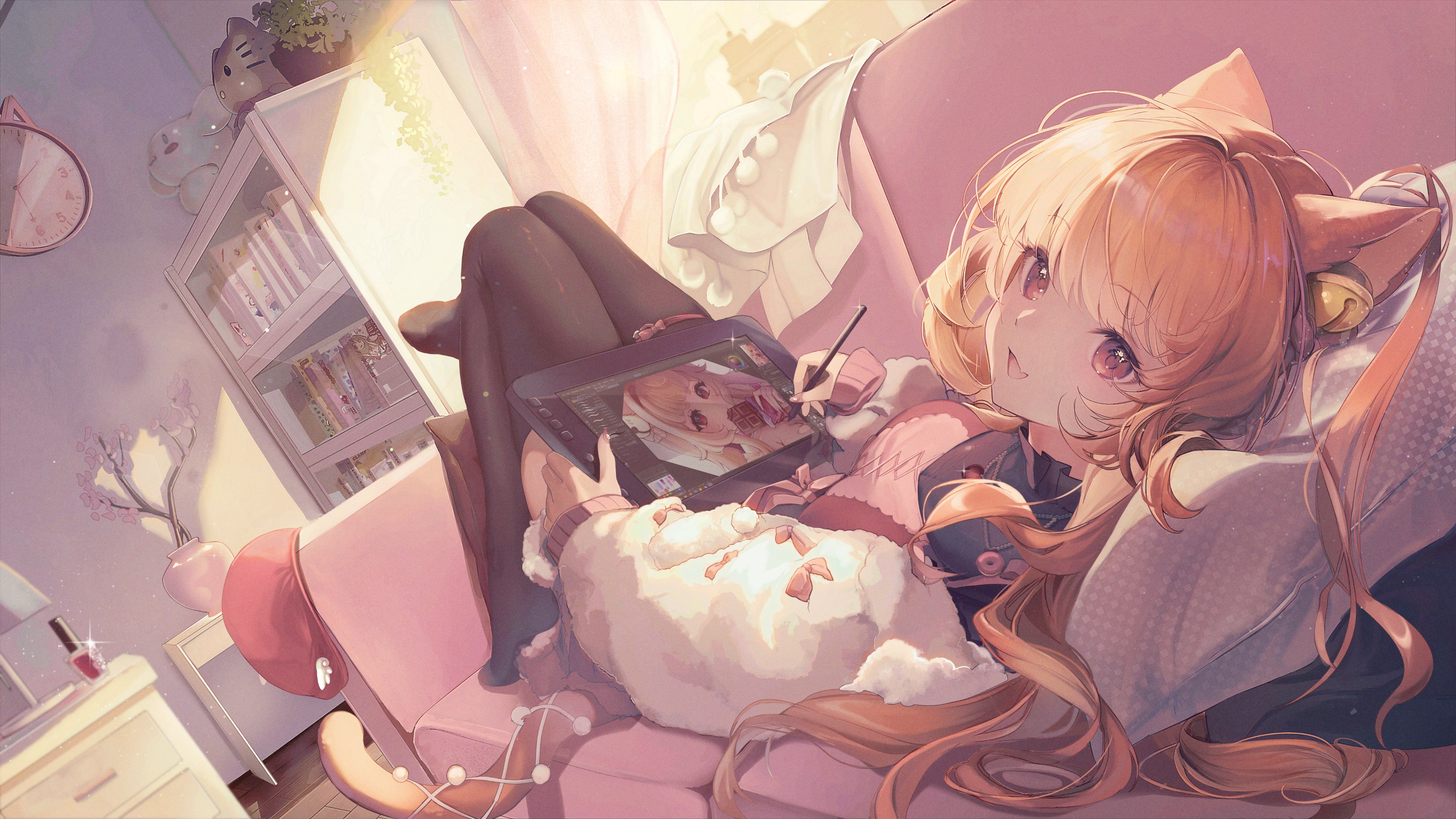 the image is a digital illustration of a cute anime girl with long, light brown hair and cat ears. she is lounging in a pink armchair, using a tablet and stylus to draw. the room is cozy and filled with books, and sunlight streams in from a window. the overall style is soft, pastel, and dreamy.