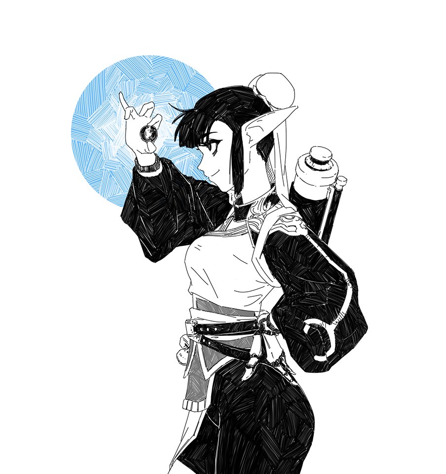 the image is a stylized black and white drawing of an animestyle female elf character. she has dark hair styled in a bun, pointed ears, and is wearing an outfit that blends traditional and fantasy elements.  she's holding a small, dark orb in one hand and has a bag or pouch on her back.  she is shown from the side, looking at the orb she is holding. the background features a light blue circle with a geometric pattern. the style of the artwork is reminiscent of manga or digital ink drawings. the overall mood is elegant and mysterious.