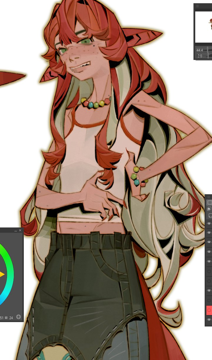 the image showcases a digital painting in progress of a stylized female character.  the character has long, vibrant red hair with lighter, almost white, highlights, and notable freckles. she's wearing a white tank top and darkcolored jeans with unique detailing. she has a cheerful expression and several colorful beads around her neck.  the artwork shows details of the artist’s process, including what appears to be a digital painting software interface with a color picker and layers panel visible in the background. the style leans towards anime or cartoon, with a strong focus on color and character design.