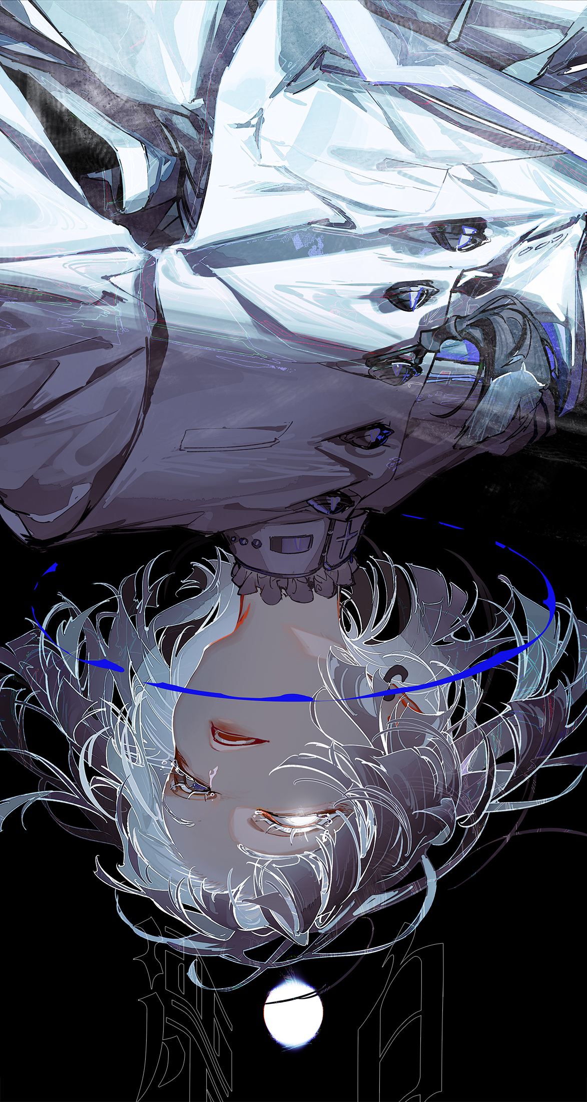 an anime style portrait of a girl with long white hair and blue eyes.  she's wearing a futuristic silver dress with a black background and a stylized white crescent moon.  the image is dark and mysterious, with a futuristic and cyberpunk style.  the art is stylized and highly detailed.  this image was created using digital art.