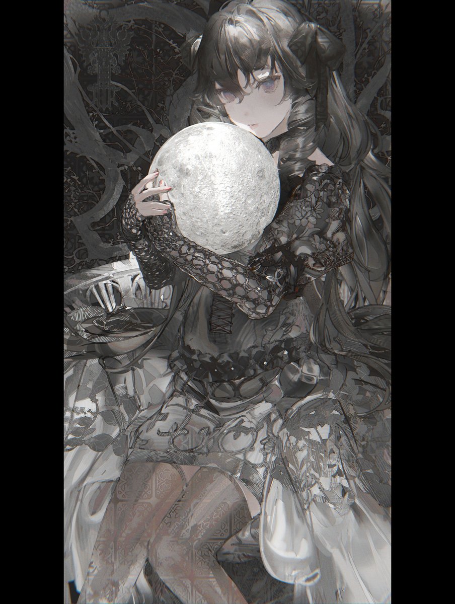 the image is a digital illustration or painting of an animestyle girl. she has long dark hair styled in a somewhat gothic manner, pale skin, and purple eyes.  she's dressed in an ornate, dark lace dress and is seated, cradling a large, luminous orb resembling a moon in her hands. the background is dark and shadowy, creating a mysterious and ethereal atmosphere. the overall style is dark, with a focus on detailed rendering of the girl's clothing and the moonlike object. the grayscale color palette adds to the moody and mystical feeling of the image. the artwork displays skill in creating texture and depth, particularly in the fabrics of the dress.