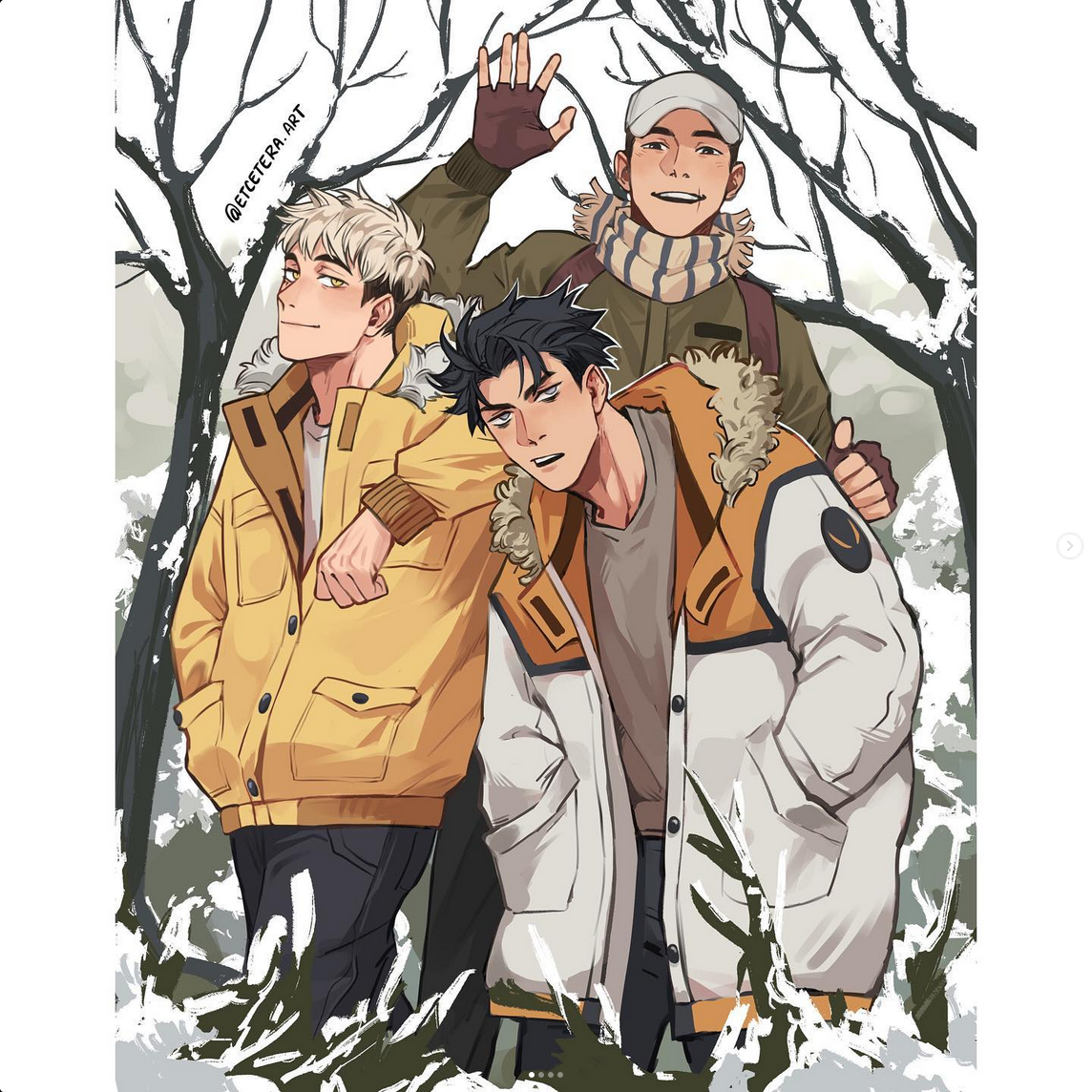 the image features three young men standing in a snowy forest. they are bundled up in stylish winter clothing, suggesting a casual outing among friends. the man on the left wears a bright yellow jacket, while the one in the middle sports a white and yellow parka with fur trim. the man on the right, waving at the viewer, dons a green scarf and a brown jacket. the soft, natural lighting and slightly low angle create a sense of intimacy and camaraderie. the overall atmosphere is one of warmth and friendship, even amidst the chilly winter landscape.