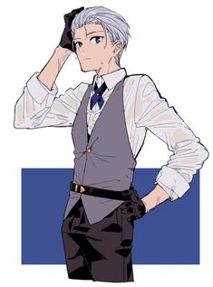 a halfbody illustration of a confident young man dressed in a stylish ensemble. he sports a fitted vest over a dress shirt, paired with sleek trousers, exuding an air of refined charm. his striking blue eyes and neatly combed silver hair add to his captivating presence.