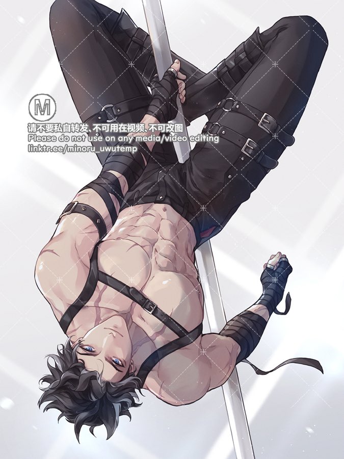 a shirtless anime man with blue eyes and black hair is holding onto a pole in a dance position. he has black pants and arm bands on. he has a muscular build, with a toned body and abs. he's giving a seductive look as he holds onto the pole.