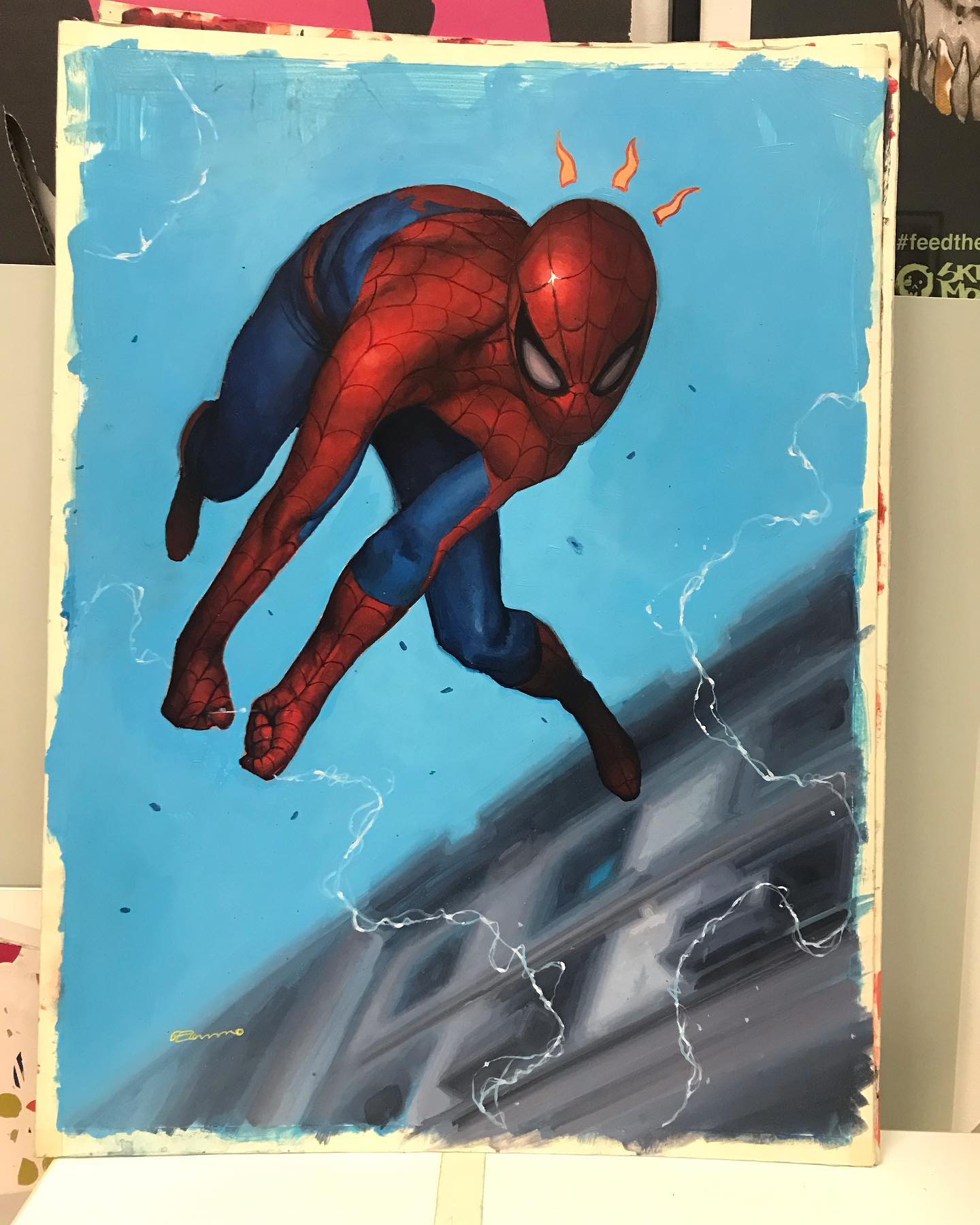 a painting of spiderman in his classic red and blue suit, leaping downwards in front of a blurred cityscape. white, weblike lines are emanating from his hands. he has small orange lightning bolts above his head.