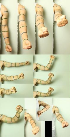 the image is a collage of photos featuring a man's arms in various poses. his arms are marked with blue and green lines, likely to serve as guidelines for drawing or understanding anatomy. the photos are set against a plain, light green background, creating a neutral and clear visual for focusing on the arm positions. this type of image is commonly used as a reference for artists learning to draw arms in different positions.