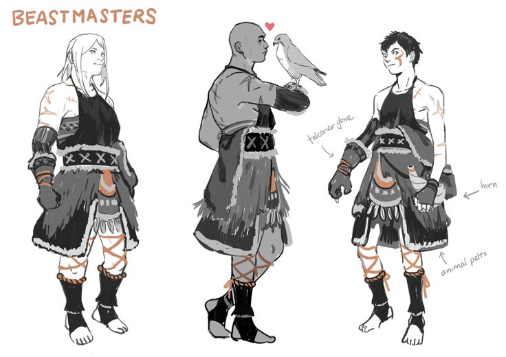 a sketch of three characters with the text "beastmaster" above. the characters are dressed in tribal clothing and have animal pets, one has a falcon, another has a horn. the drawing is a concept design for a fantasy character.