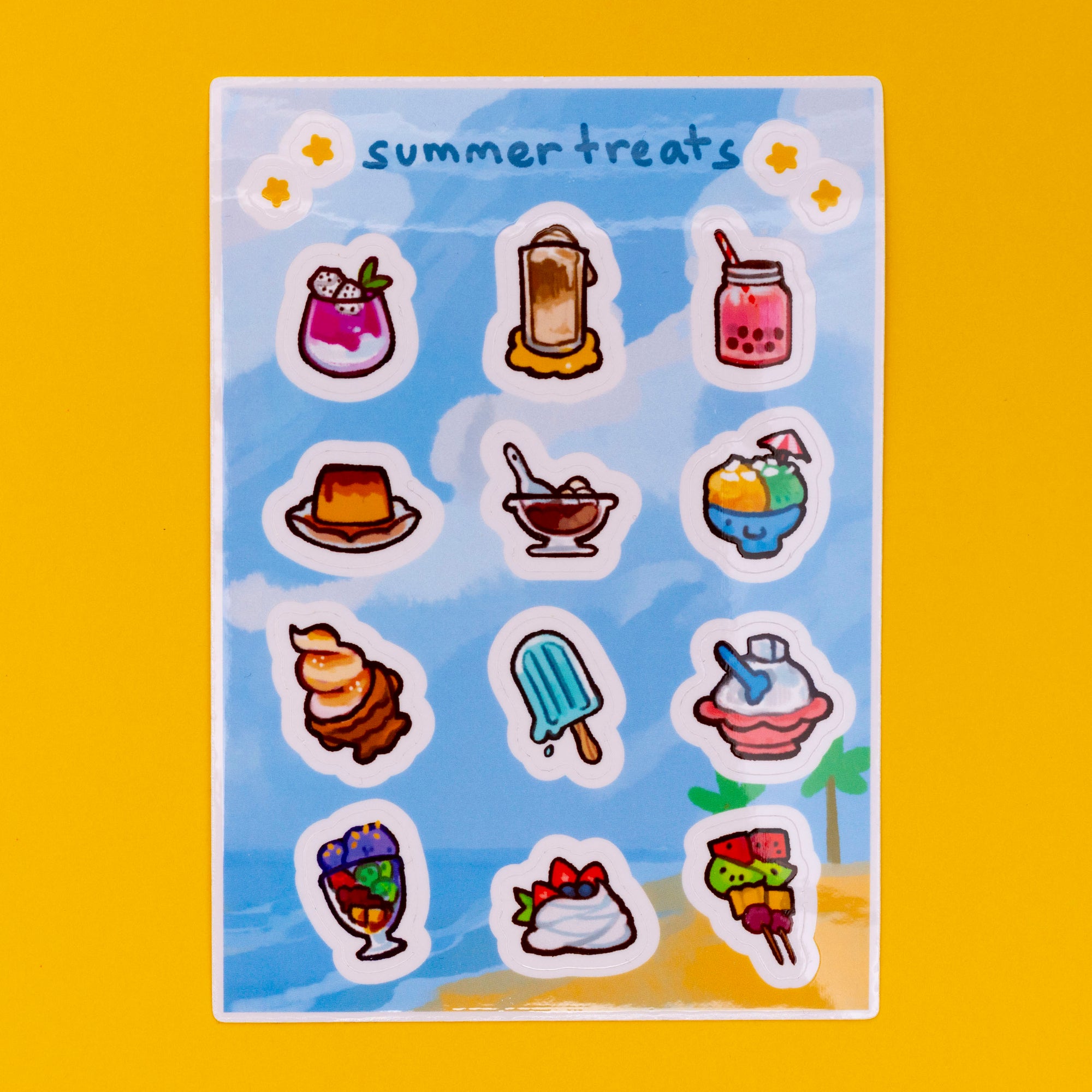 a closeup shot of a sticker sheet featuring various summer treats.  the sheet is rectangular and has a light blue background with a beach scene at the bottom. the stickers themselves are cute, cartoonish illustrations of various desserts including ice cream, popsicles, pudding, flan, shaved ice, boba tea, and fruit skewers.  the top of the sheet says "summer treats" in a stylized font. the overall aesthetic is kawaii and bright. the sheet is placed on a bright yellow background.