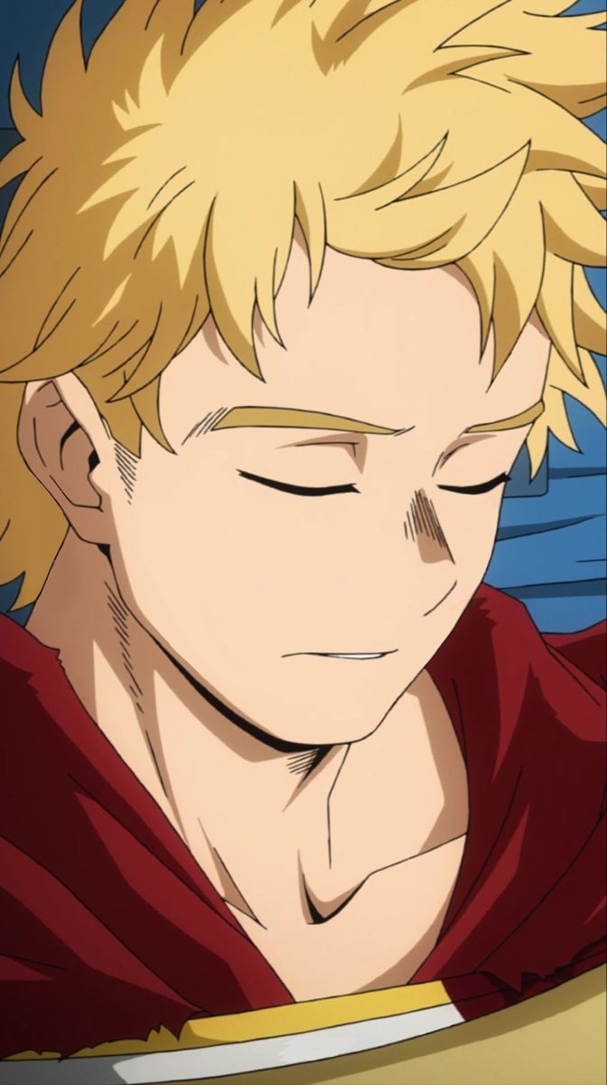 a closeup view of a young anime male character, with blond hair, closed eyes, lying down, and wearing a red shirt. he is sleeping peacefully, looking relaxed and content. the background is a blur of blue and yellow.  he appears to be a hero or a warrior, based on his attire and his relaxed yet composed demeanor.