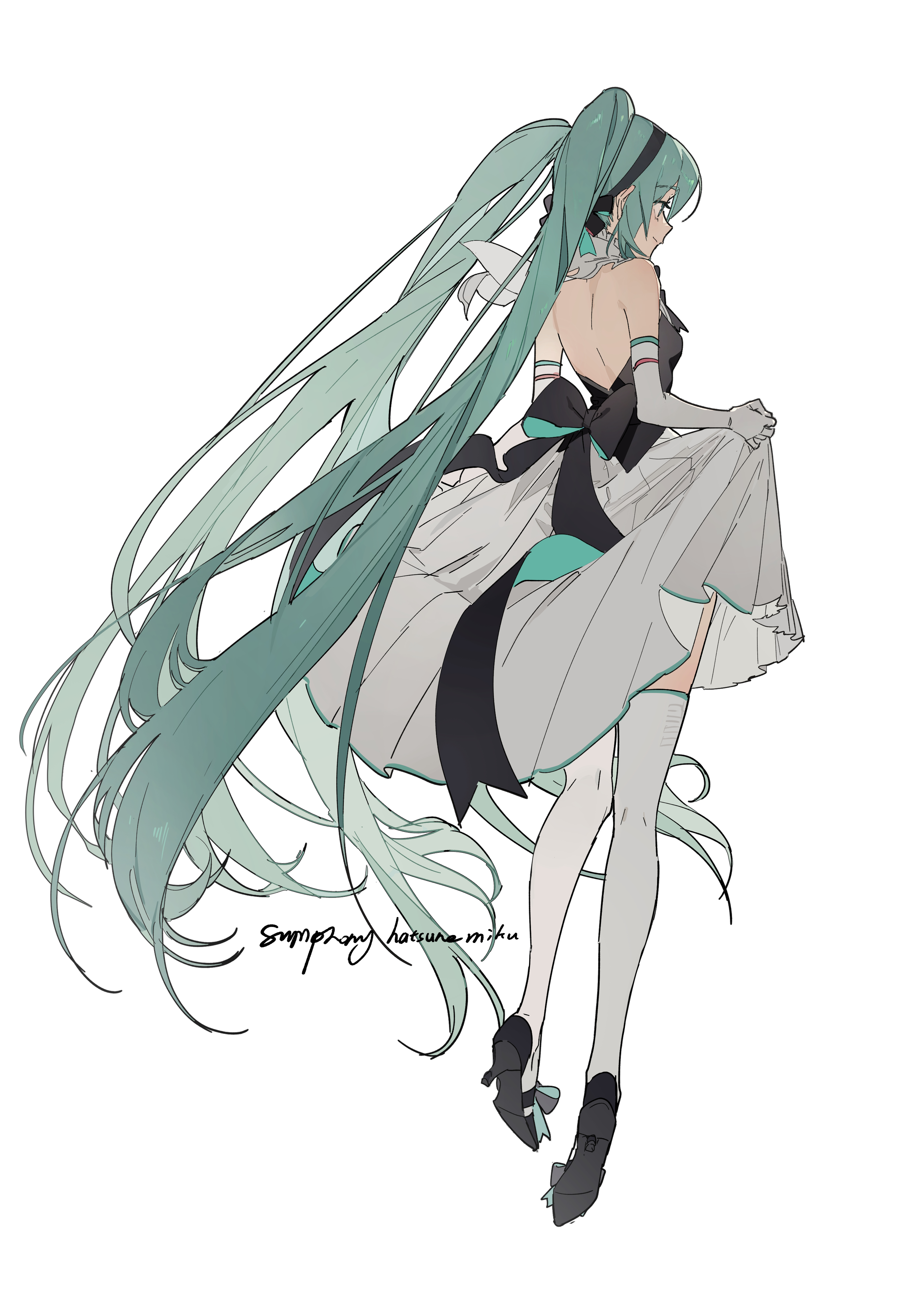the image is a digital illustration of hatsune miku, a popular vocaloid character.  she is depicted from behind, wearing a flowing, elegant dress with a backless design. the dress is primarily light grey or white with teal and black accents, including a large black ribbon at the waist.  her iconic long, teal hair cascades down her back, adding to the graceful and flowing effect of the illustration. miku is wearing black shoes and seems to be elegantly posing. the style is reminiscent of both anime and manga art styles, with a focus on soft lines and a muted color palette. the artist's signature, "symphony hatsune miku," is subtly visible near her hair.