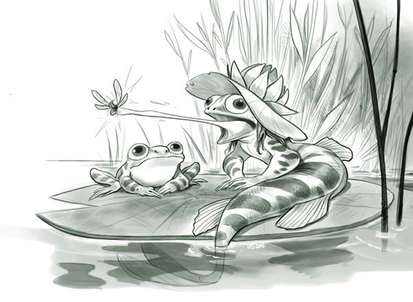the image is a black and white sketch depicting a whimsical scene in a pond. a frog sits on a lily pad, looking at a dragonfly hovering nearby. another creature, a hybrid of a frog and a fish, sits beside it. this creature wears a hat resembling a water lily and is in the process of catching the dragonfly with its long tongue. reeds are present in the background. the reflection of the lily pad and the creatures can be seen in the water.
