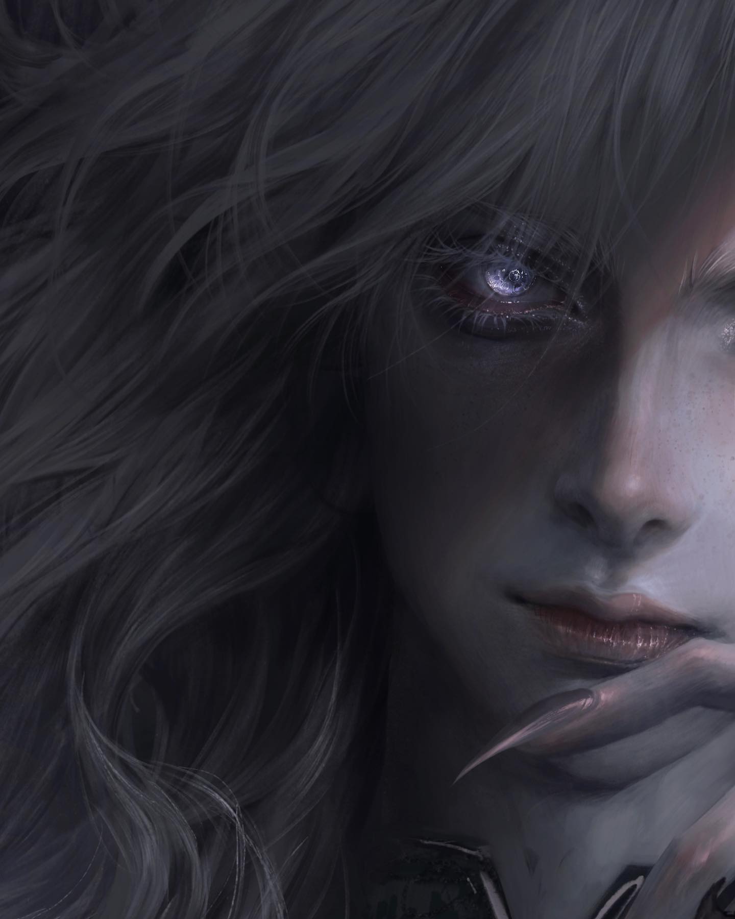 a closeup portrait of a woman with pale skin, long dark hair, and piercing white eyes. the woman has sharp fingernails, suggesting a vampirelike appearance. the overall atmosphere is dark and mysterious, with soft lighting emphasizing her features.