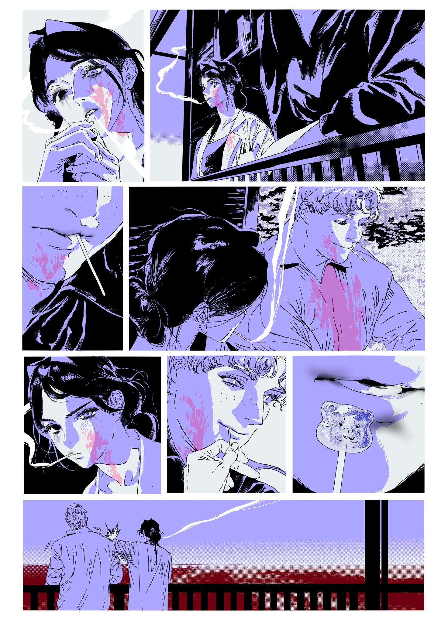 a mangastyle comic panel featuring various scenes of a couple. the panels show a woman smoking, a couple standing together, closeups of faces, a lollipop near lips, and a view of a landscape from a balcony. the color palette is predominantly black and white with purple and pink accents.